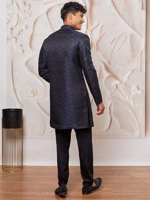 Men's Navy Blue Silk Blend Indowestern And Pant Set